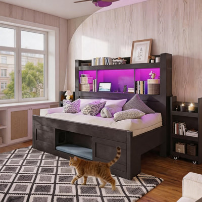 Multi-functional Daybed with LED Bookcase Headboard, Power Outlets, Large Storage Space & Removable Cat Mat Cat Cave