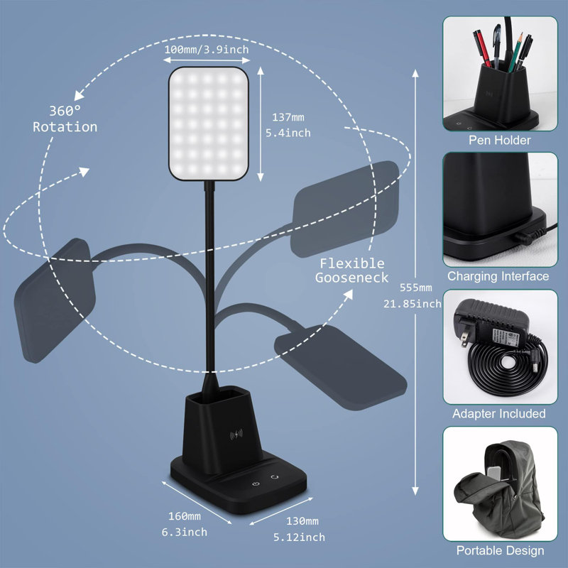 LED Desk Lamp For Home Office, Wireless Charging Small Desk Lamp With Pen Holder, 3 Color Modes, Dimmable
