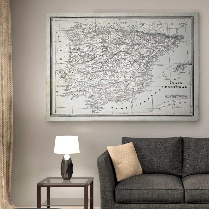 Espagne, croquis de carte II, impression sur toile, H 16 po x l 20 po x P 1,5 po, Noir / blanc