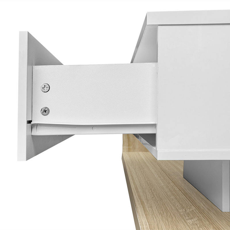 Table basse, blanc ultrabrillant, tables d'appoint, tables basses avec verre et effet DEL, Blanc / beige