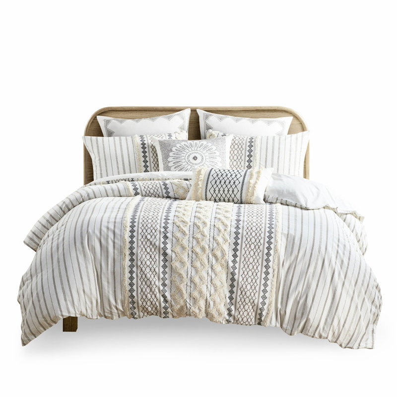Housse de couette en coton double / grand avec chenille - motifs géométriques, lavable à la machine, motifs de literie chauds et confortables, douillette, 1 et 2 taies décoratives, lavable
