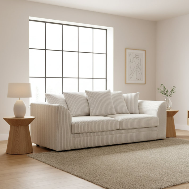3 Seater Jumbo Cord Sofa – Small Back Sectional With Fixed Cushions & Deep Seating For Living Room Comfort, Cream