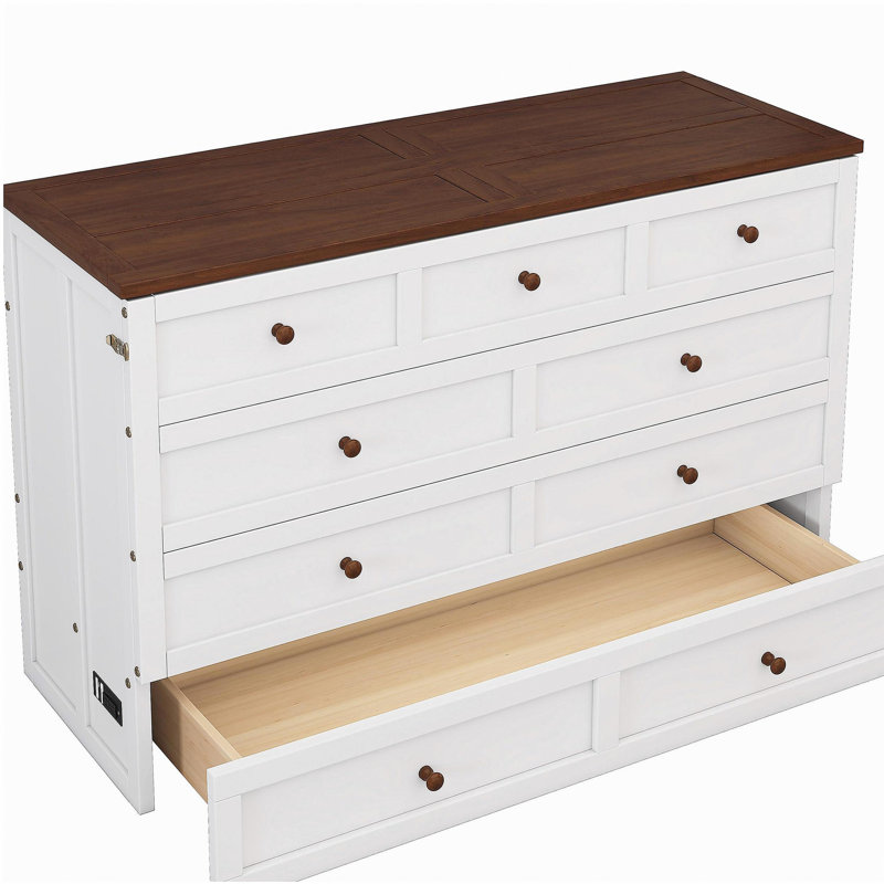 Armoire lit escamotable en bois avec station de charge et grands tiroirs de rangement, idéale pour le bureau à domicile ou les petites pièces