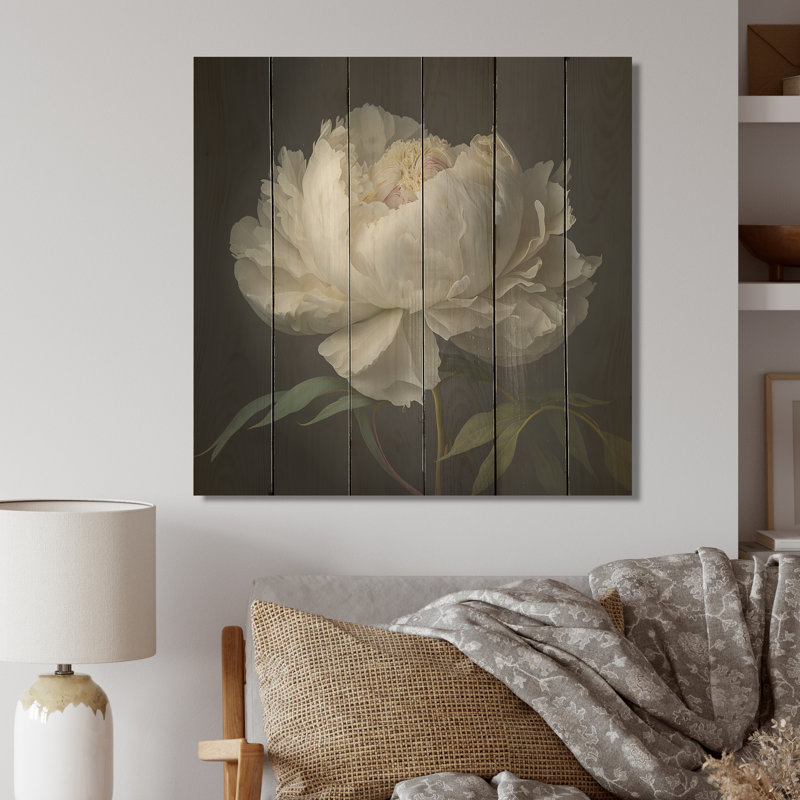 Blooming White Peony VI - Art mural pivoine, H 16 po x l 16 po, Bois, Wooden Planks