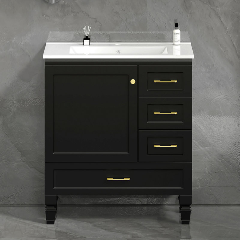 Meuble-lavabo noir 30 po. Armoire de rangement abondante - 1 porte à fermeture douce et 3 tiroirs, Noir