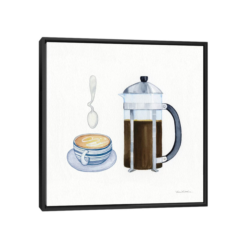 « coffee break viii », reproduction sur toile tendue, H 18 po x l 18 po x P 1,5 po, Toile avec cadre noir, Pas de tapis