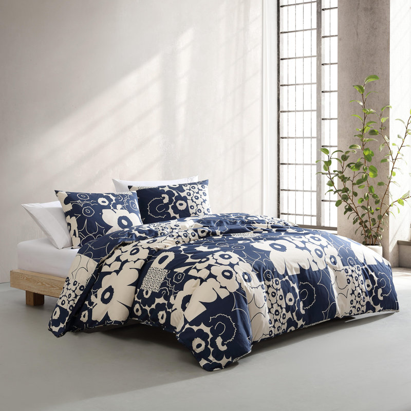 Marimekko Unikko Cotton Blue Duvet Cover Set, King Duvet Cover + 2 King Shams, Blue/Navy Floral