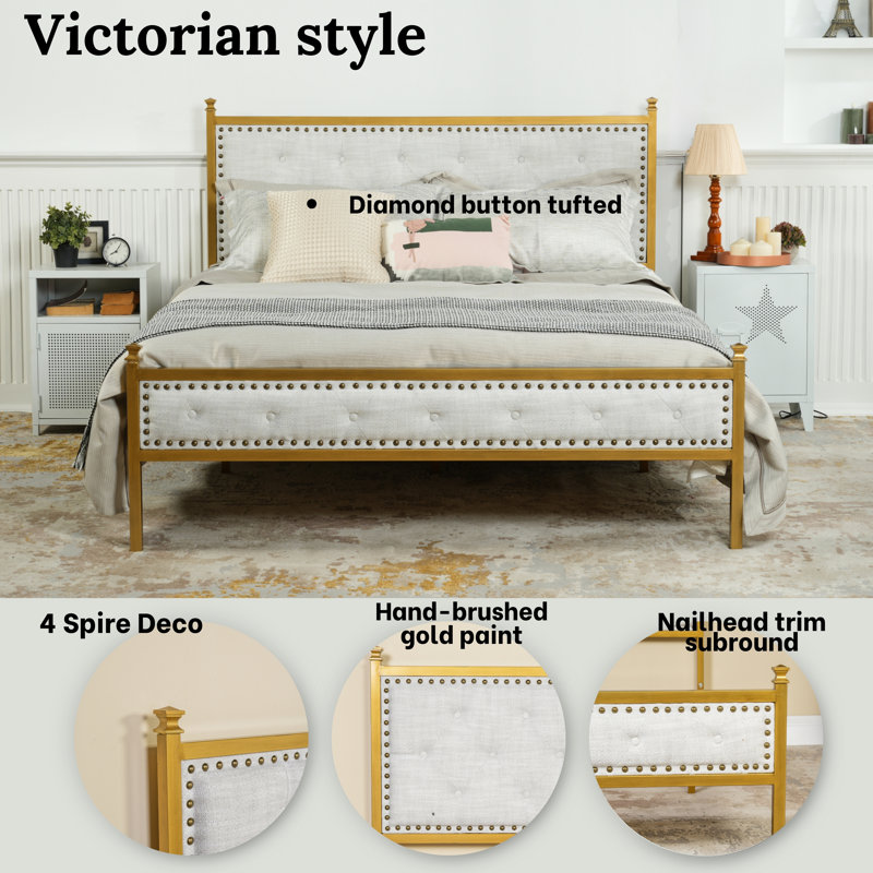 Hegwein Upholstered Platform Bed Frame Heavy Duty with Tufted Headboard, No Box Spring Needed, Queen, Beige