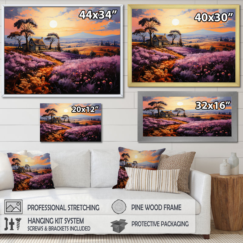 «Countryside Lavender Landscape Patchwork IV», reproduction sur toile, Cadre flottant doré, H 12 po x l 20 po x P 1 po