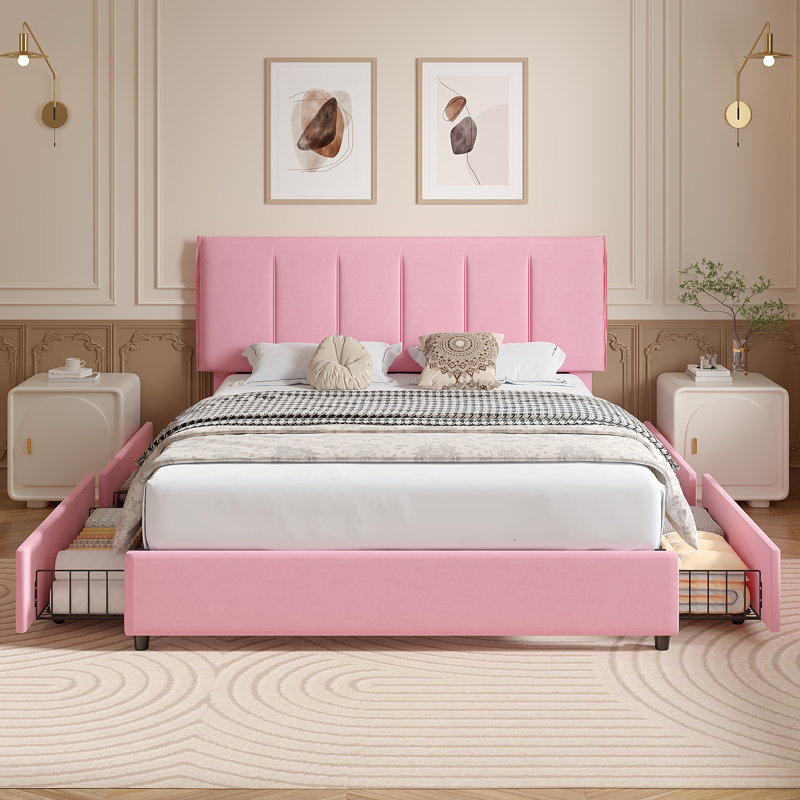  Lit plateforme tapissier avec rangement Cahlin, Grand, Rose