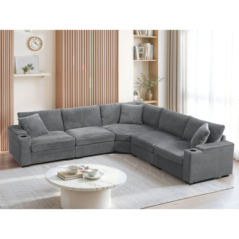 106" Convertible L Shaped Sectional Sofa,Corduroy Corner Couch With Armrest Storage,Cup Holders,Usb Charger,Irregular Corner,Oversized Comfy Modular Sofa For Living Room,Apartment