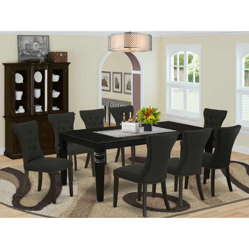 Ensemble de table de salle à manger 9 pièces comprenant une table de salle à manger rectangulaire avec feuille papillon et 8 chaises rembourrées en tissu noir, noir