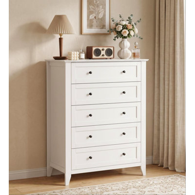 5 Drawer Wood Dresser, Modern Lacquered Chest of Drawers for Bedroom, Side Table for Living Room, Hallway, Entryway, White