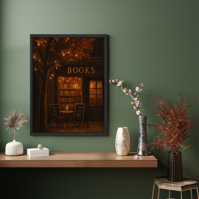 Evening Bookstore Framed Wall Art - Vintage Literary Cafe Painting Print for Library or Study Room Decor
