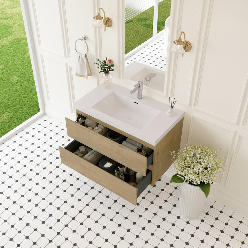 Meuble-lavabo flottant de 36 po avec lavabo, armoire de rangement murale avec lavabo à surface solide et tiroirs à fermeture en douceur entièrement assemblés