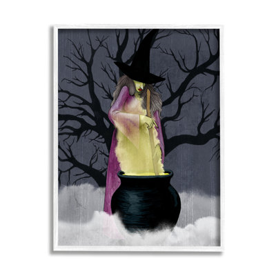 «Witch Stirring Smokey Cauldron Spooky Halloween Night», estampe numérique encadrée noire, art texturé par Grace Popp