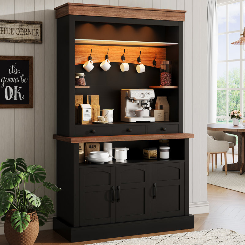 Coffee Bar Cabinet with LED Light, 72" Tall Farmhouse Coffee Bar Hutch with Storage, Sideboard Buffet Cabinet with Microwave Stand/Glass Shelf/6 Hooks/3 Drawers for Kitchen Living Dining Room
