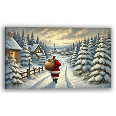 «Santa's Eve Walk: Twilight Snowfall Over Sleepy Village», art sur toile