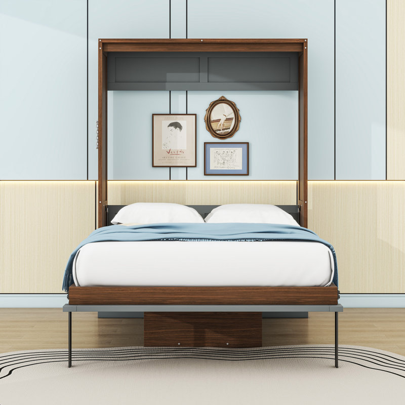 Lit escamotable en bois avec bureau, Noyer gris