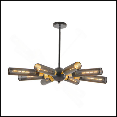 Lustre spoutnik industriel moderne de 34 po, luminaire suspendu en métal doré et noir à 8 lumières avec abat-jour en maille, base E26, hauteur réglable pour la salle à manger, le salon ou l'îlot de cuisine (ampoule non incluse)
