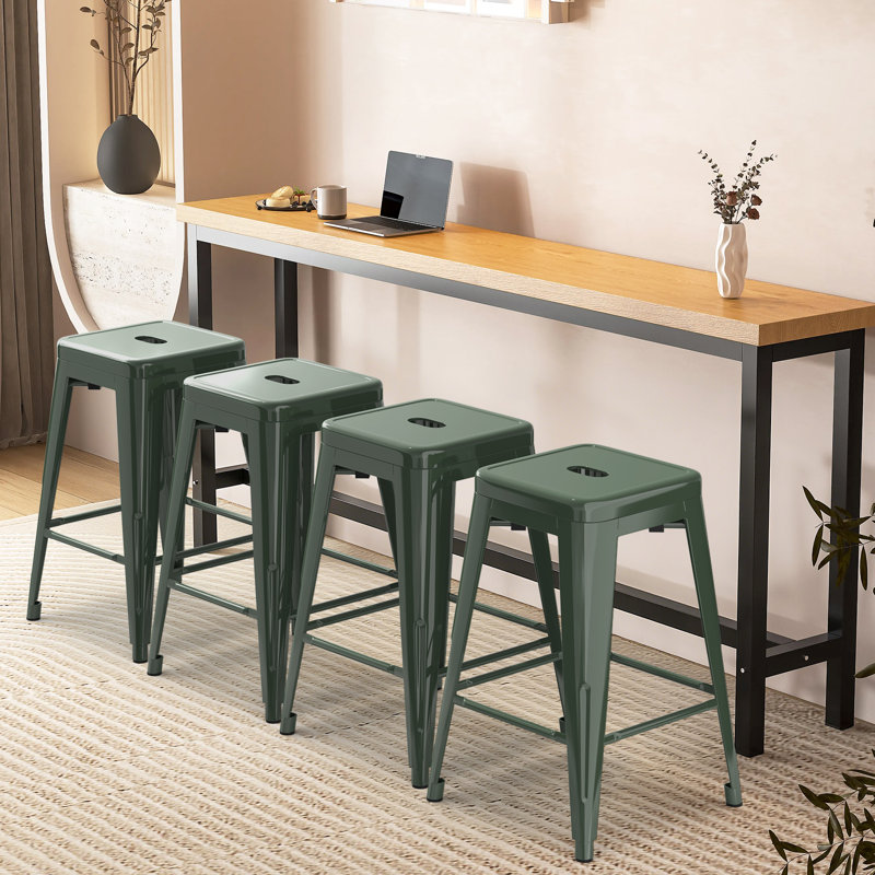 Metal Bar Stools Set of 4, Counter Height Bar Stools 24 Inches Industrial Bar Chairs Patio Stool Indoor-Outdoor Counter Height Stools with Square Seat