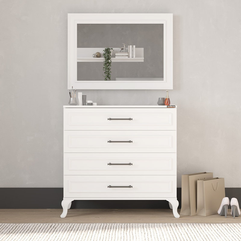 Elegant White Dresser with 4 Drawers, 35.4 x 35.0 x 17.7 inches | Coated Particle Board, Wall-Mountable Design | Stylish Storage Solution for Bedroom or Living Room, Traditional Solid Color