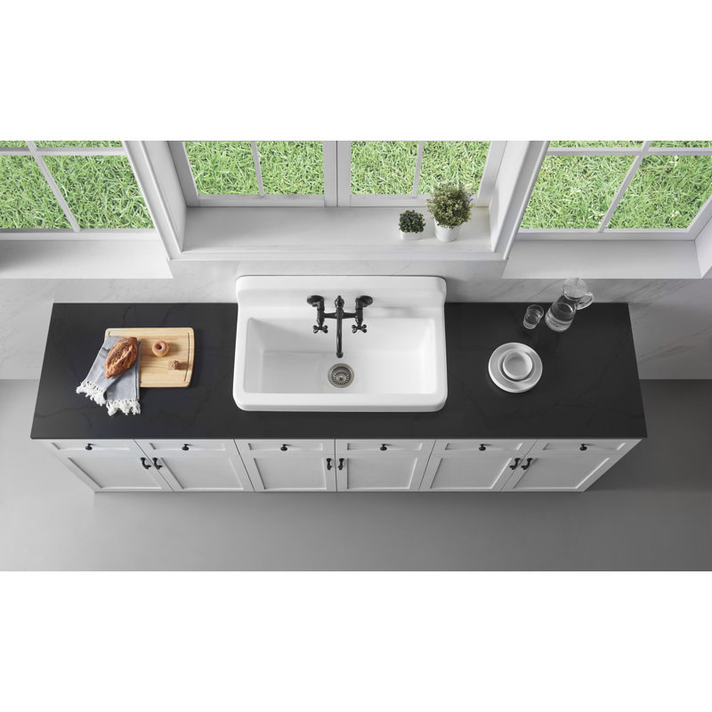 Kingston Brass Petra Galley 33-Inch x 19-Inch Cast Iron Wall Mount Kitchen Sink, 2 hole