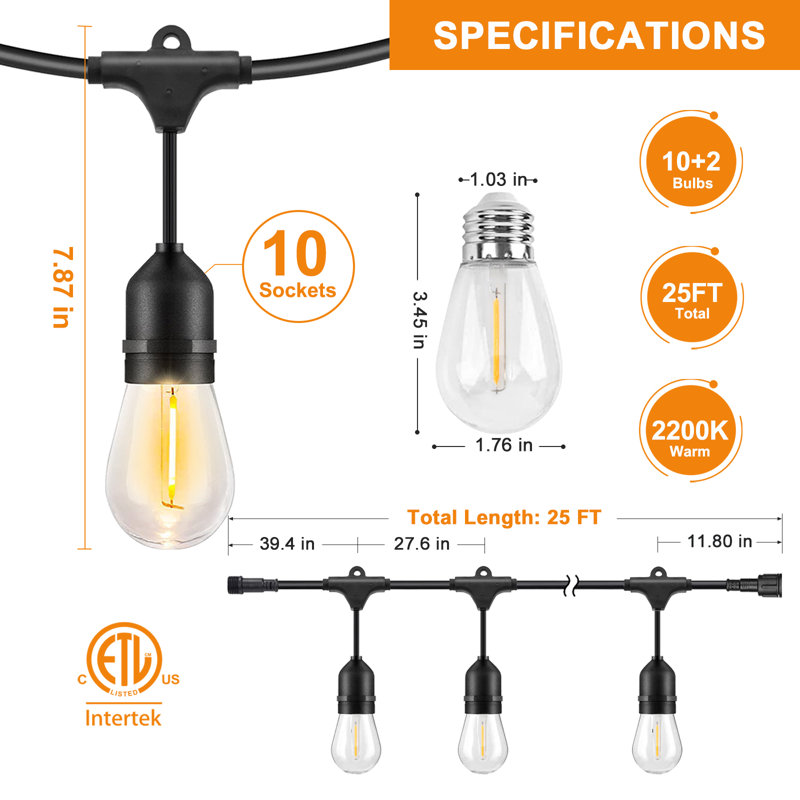 25' Black Solar Powered Outdoor String Lights with Clear Bulbs