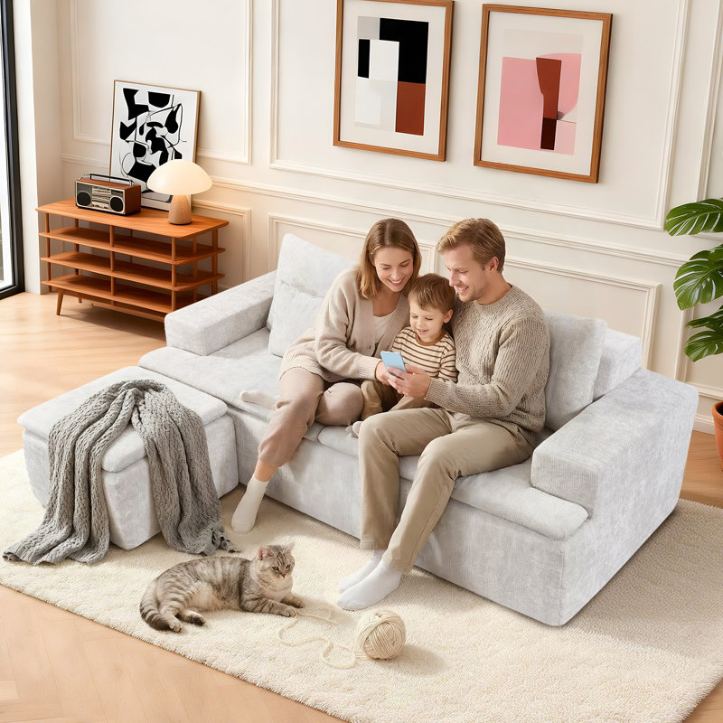 83" Cloud Sectional Couch with L-Shape Chaise, Modular Sofa with Deep Seat Reversible Ottoman, Boneless Couches for For Living Room, Cushion Back, Includes 2 Throw Pillows, Sofa in a Box