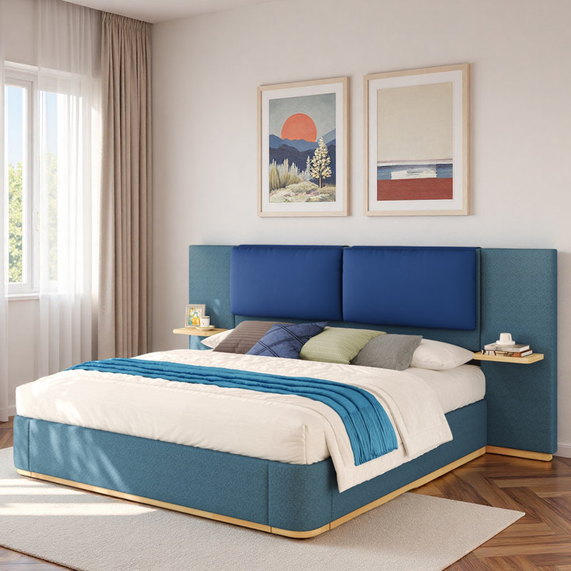 Lit plateforme tapissier avec tablettes, Bleu, Très grand lit