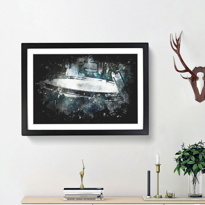 Teal Blue Drum Kit - Picture Frame Graphic Art Print, 62cm H x 87cm W x 2cm D, Black Framed