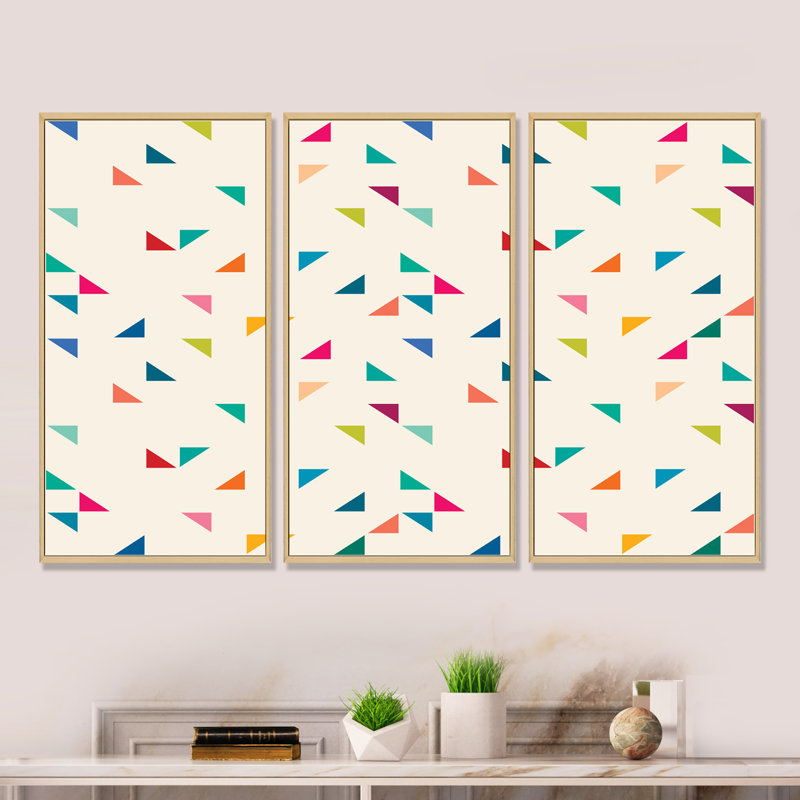«Abstract Triangular Retro Pattern I», reproduction de cadre photo sur toile 3 pièces, H 32 po x l 48 po x P 1 po, Cadre brun