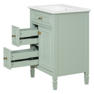 Meuble-lavabo de salle de bain avec lavabo, armoire en bois massif et panneau de fibres à densité moyenne avec un tiroir rabattable, deux tiroirs standard et une tablette réglable, meuble-lavabo autoportant pour le rangement de la salle de bain