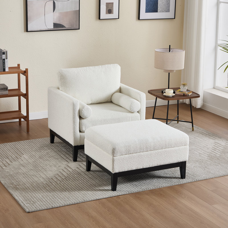 Fauteuil d'appoint large rembourré avec repose-pieds et coussins de rangement, Bouclé ivoire, Noir