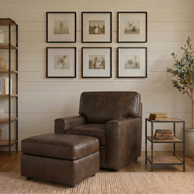 Yosef Genuine Leather Ottoman, Steamboat Driftwood Genuine Leather