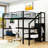 Metal Loft Bed With LED Lighting, Built-In Desk,Staircase, And Wardrobe