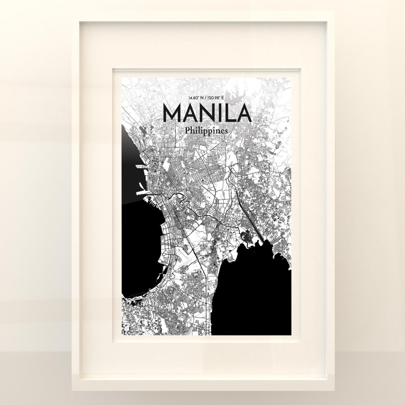 Manille, carte de la ville, impression, Noir et blanc, H 27,6 po x l 19,7 po