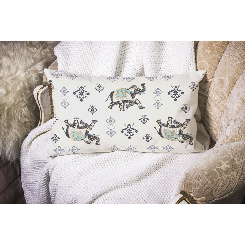 MughalElephant  Rectangular Throw Pillow, Blue/Ivory