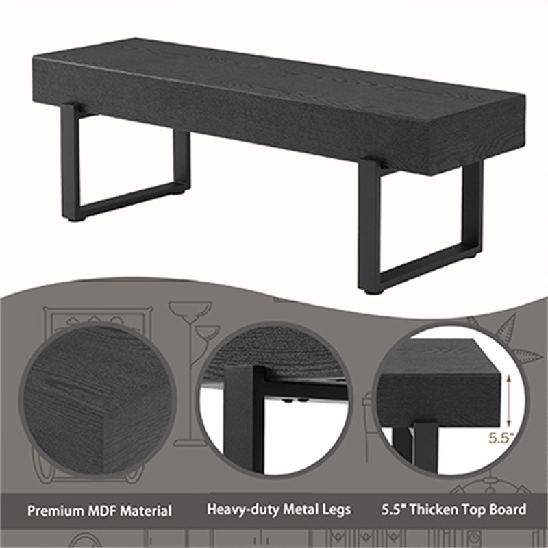 59"W Wooden Bench with Metal Base and Anti-Slip Pads, Black