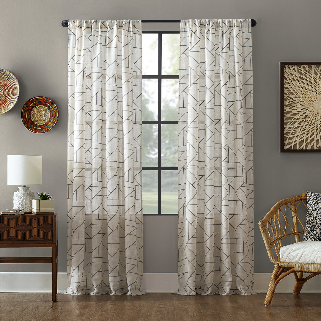 Burston Archaeo Capri Jigsaw Embroidery Linen Blend Semi-Sheer Rod Pocket Curtain Panel George Oliver Curtain 