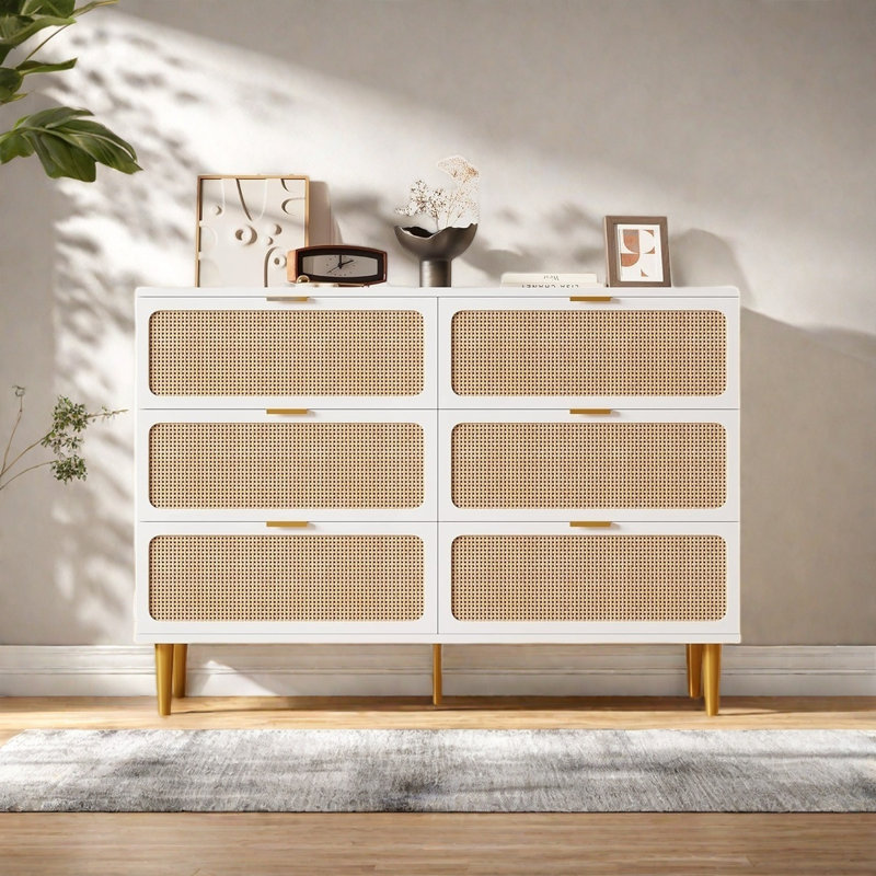 Rattan 6 Drawer Dresser For Bedroom, Large Double Dresser With Deep Drawers