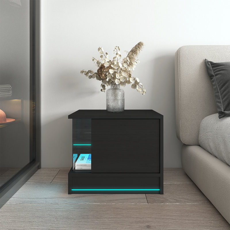 Bozarth 18" Nightstand with LED Lighting, High Gloss Finish, Black