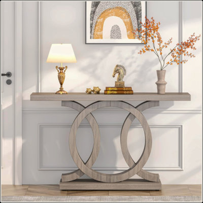 Farmhouse Console Table With Geometric Wooden Base, Rustic Entryway Sofa Table For Living Room, Hallway, Foyer – Decorative Accent Table For Display And Storage