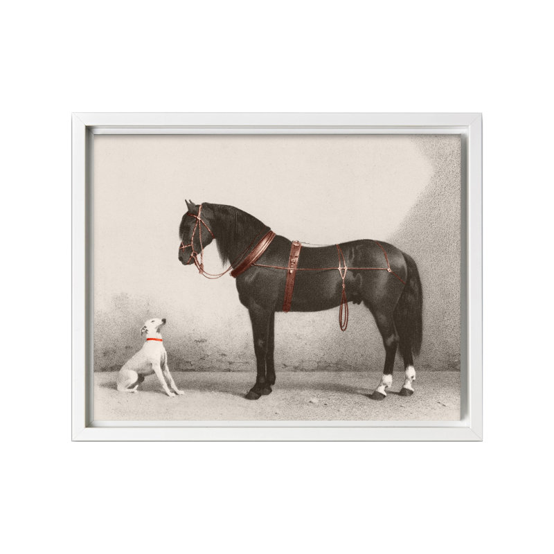 Cheval et chien, Canevas, H 24 po x l 32 po, Encadrement blanc