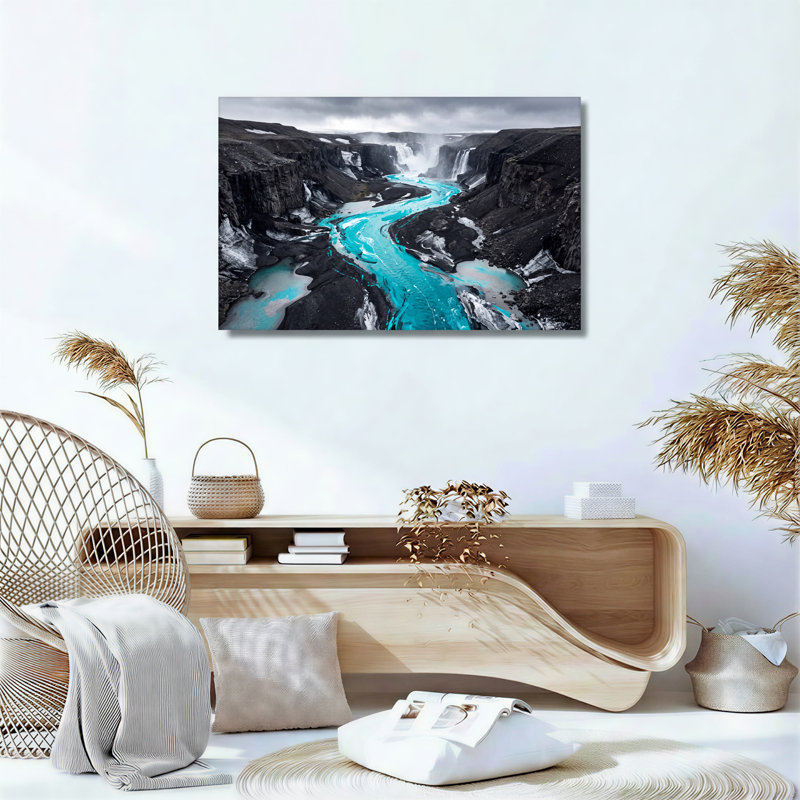 «Turquoise River Through Dark Rocky Canyon And Waterfalls», art mural, 16"H x 24"W