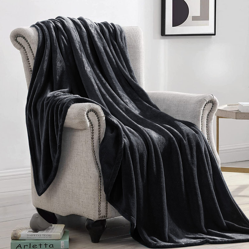 Climax Super Soft Reversible Mink Faux Plush Fur Fleece Blanket Throw, Black, Single (3')