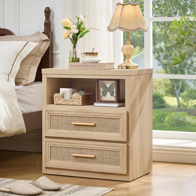 Table de chevet 24 po avec 2 tiroirs, table de chevet en bois | Table de bout moderne avec tablette de rangement ouverte, poignée en métal, table de chevet Mid-Century pour chambre à coucher, salon
