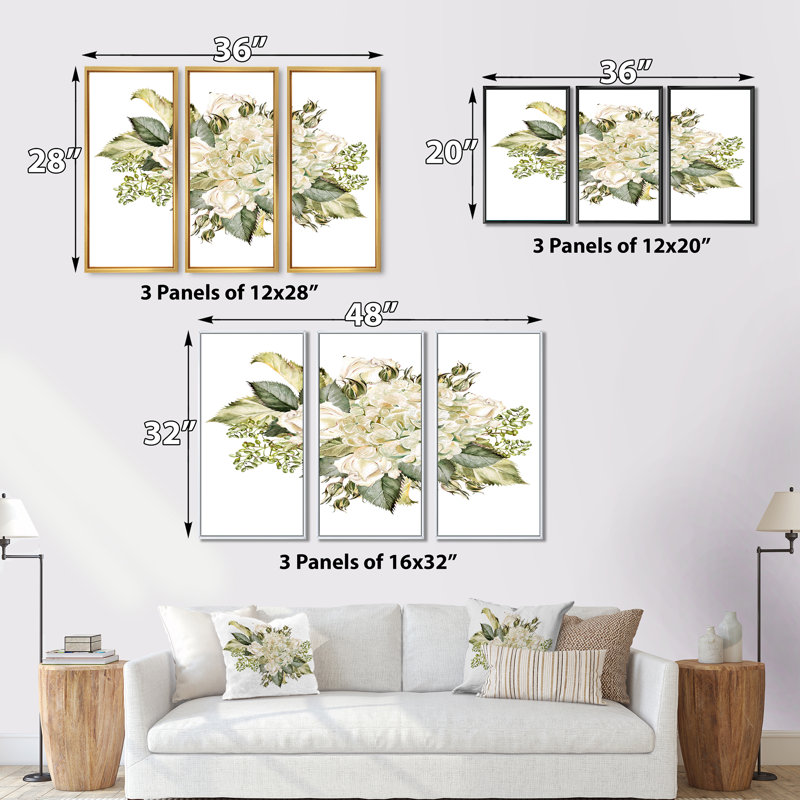 «Beautiful Bouquet With Hudrangea and Roses», reproduction de cadre flottant sur toile 3 pièces, H 28 po x l 36 po x P 1 po