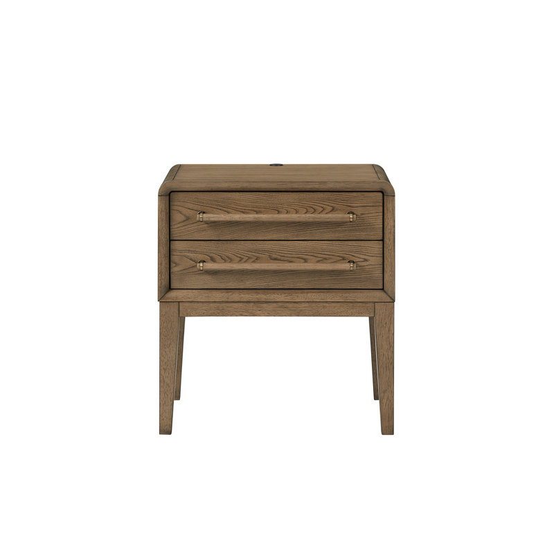 Table de chevet à 2 tiroirs en bois massif brun clair avec placages d'orme, finition latte - Table d'appoint de rangement pour chambre à coucher | Idée de cadeau
