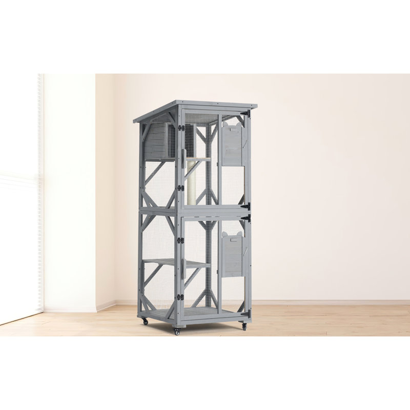 Enclos d'extérieur pour chat 70,9 po - grand avec boîte de repos améliorée, 2 petites portes pour chats (11 cabines à roulettes 25 lb, 1 poteau à griffes, 6 personnes)